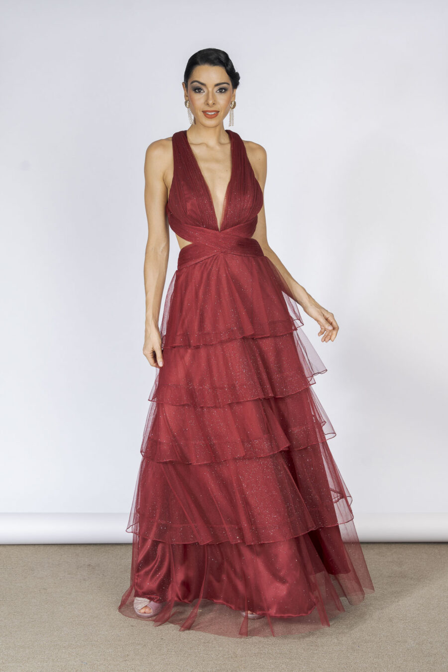 Vestido de festa longo cor marsala, em tule ,modelo Tucci