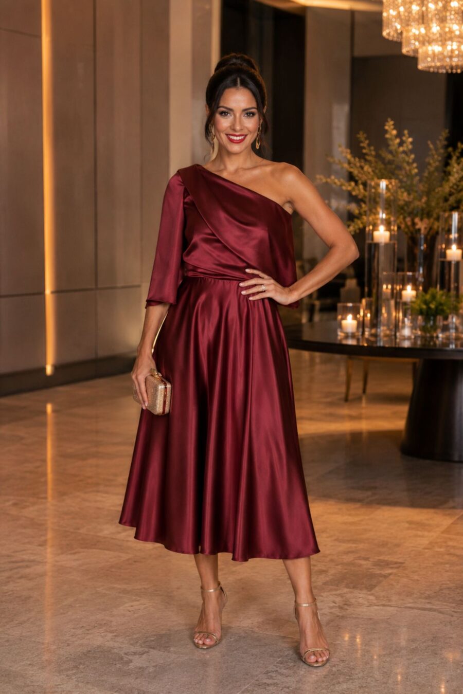 Vestido midi elegante na cor marsala