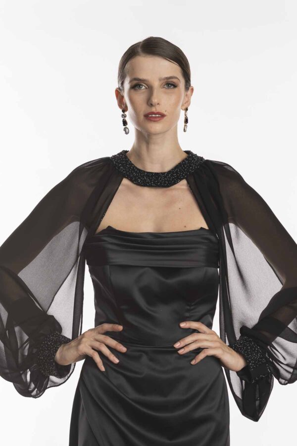 Blusa echarpe para usar com vestido de festa , na cor preta, modelo kadarshian