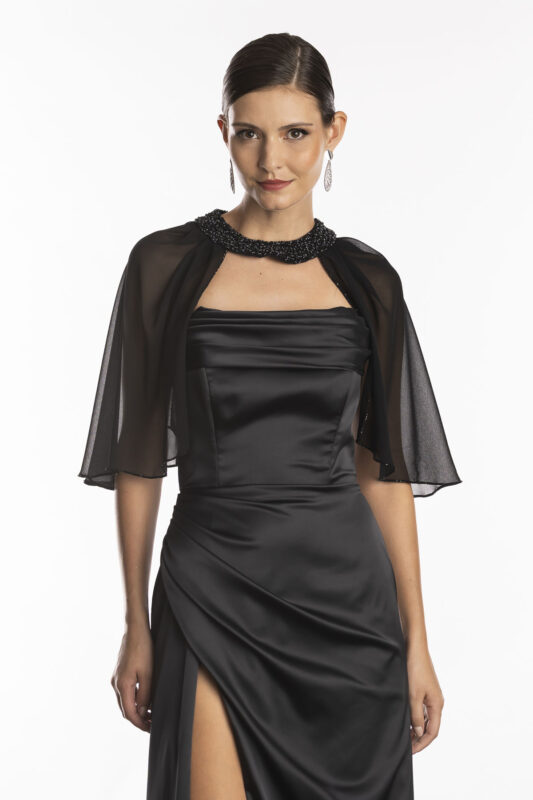 Capa bolero para usar com vestido de festa na cor preta bordada fenix