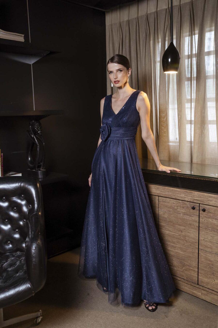 Vestido de festa longo blue flores