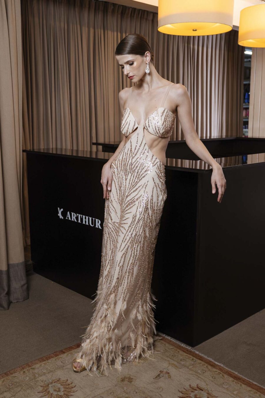 Vestido de Festa Bordado com Plumas Carla Bruni