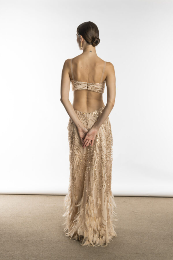 Costas do vestido de festa dourado. bordado com plumas.