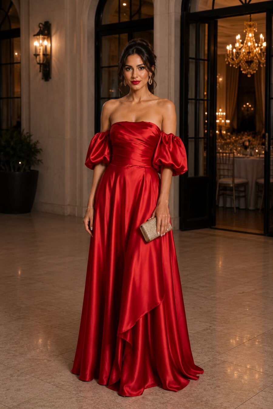 Vestido de festa longo na cor vermelho, modelo chicago, com mangas bufantes, esse modelo é perfeito para madrinhas e convidadas de casamento.