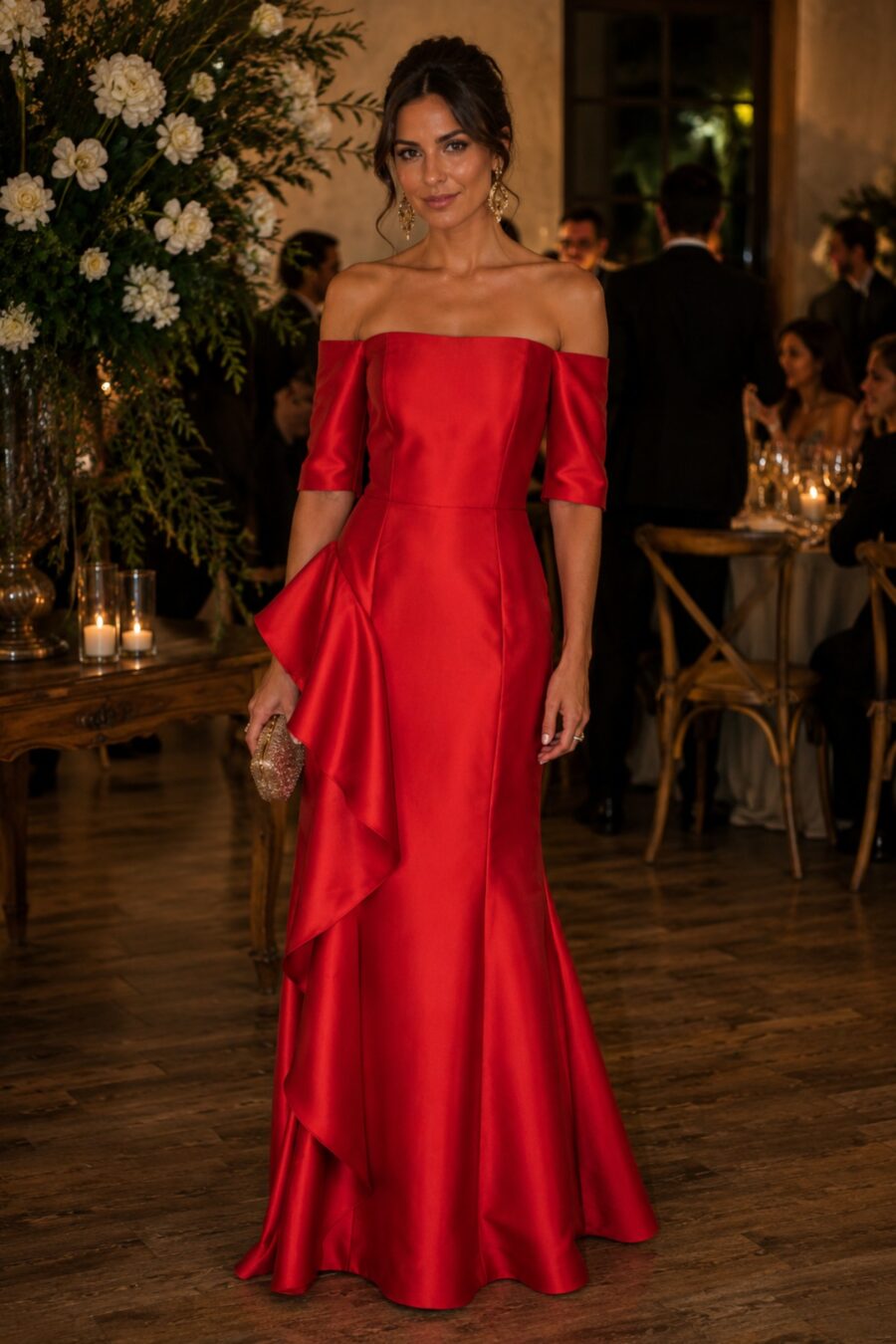 Vestido de festa longo na cor vermelho para mães dos noivos usarem nos casamentos, com tecido estruturado de zibeline decote ombro a ombro com mangas 3/4