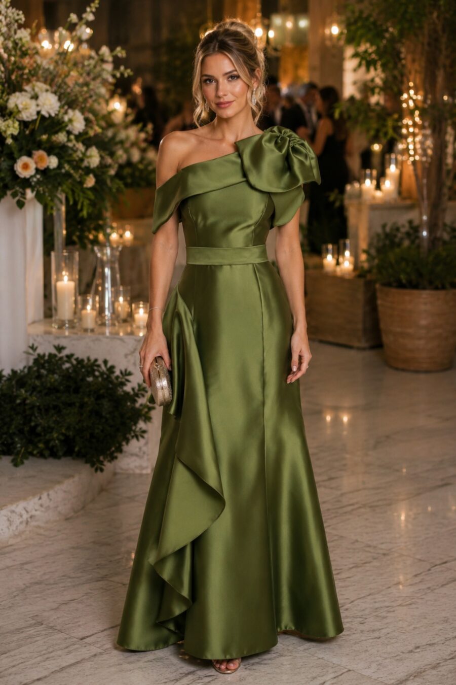 Vestido de Festa Verde Oliva Um Ombro Só