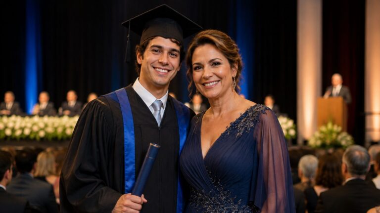 mãe de formando e filho na cerimônia de graduação