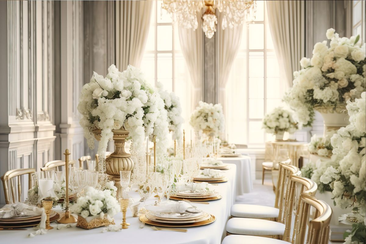 decoração de casamento branca e dourada