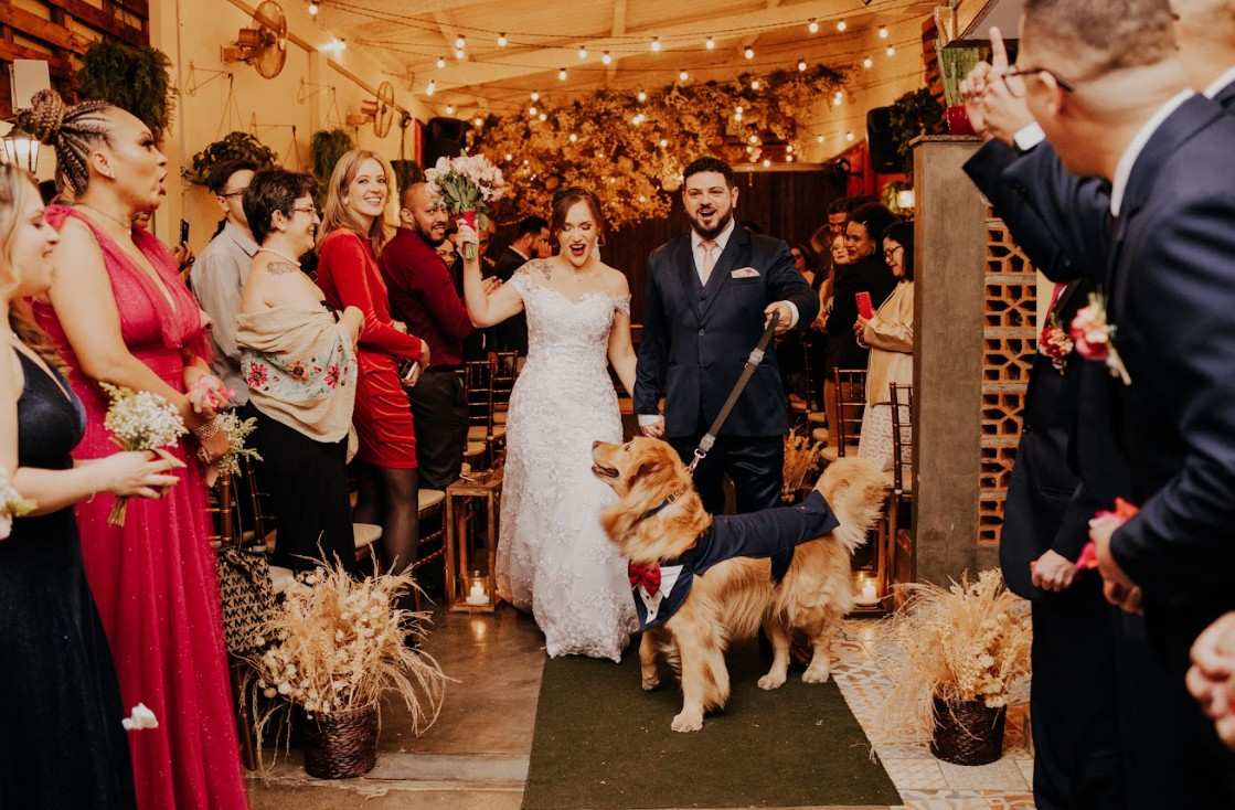 casal entrando no casamento com cachorro