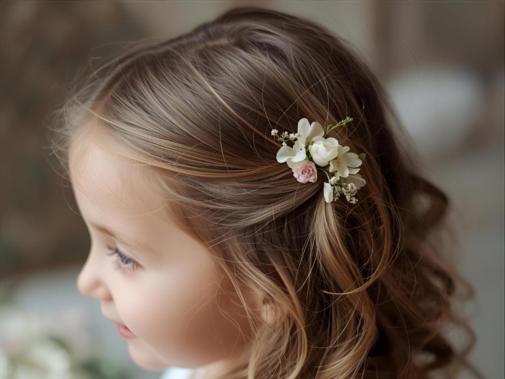 daminha com penteado semi preso com acessório de flores 
