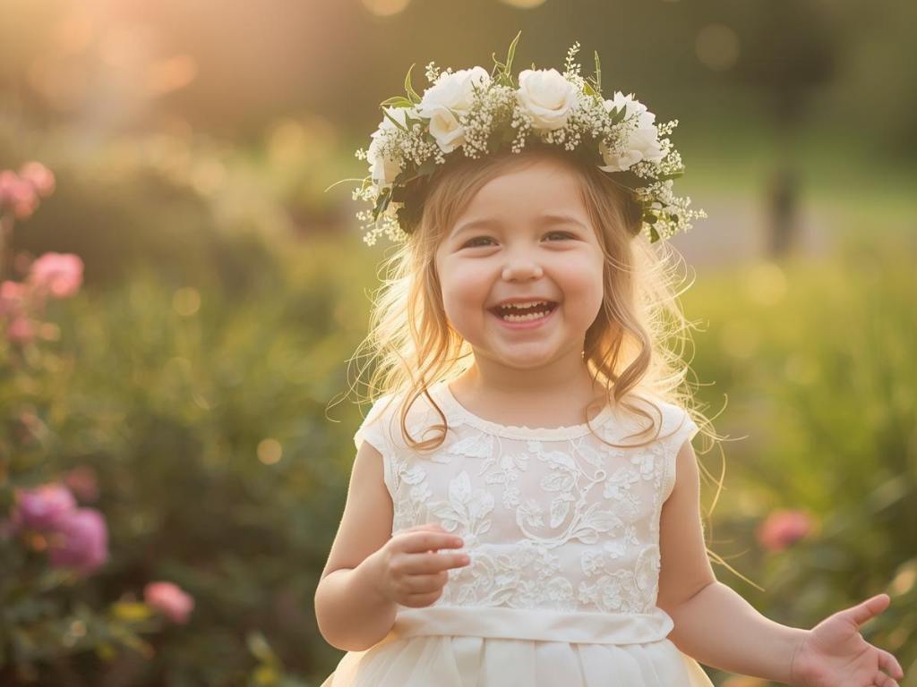 daminha de casamento sorrindo com cora de flores brancas