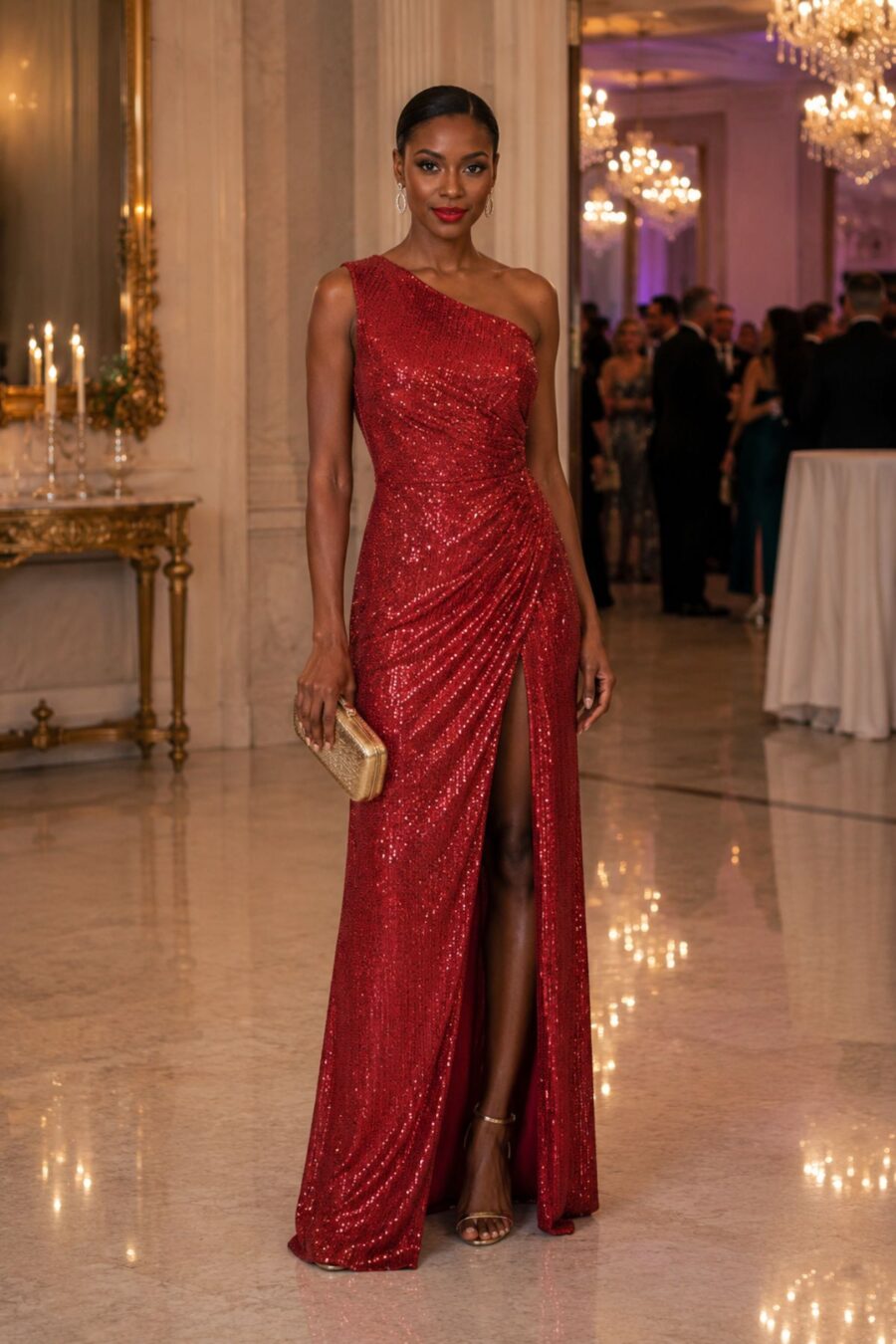 Vestido de festa longo, na cor vermelho, com decote de um ombro só, saia com fenda ousada. Esse modelo é perfeito para formandas e madrinhas.