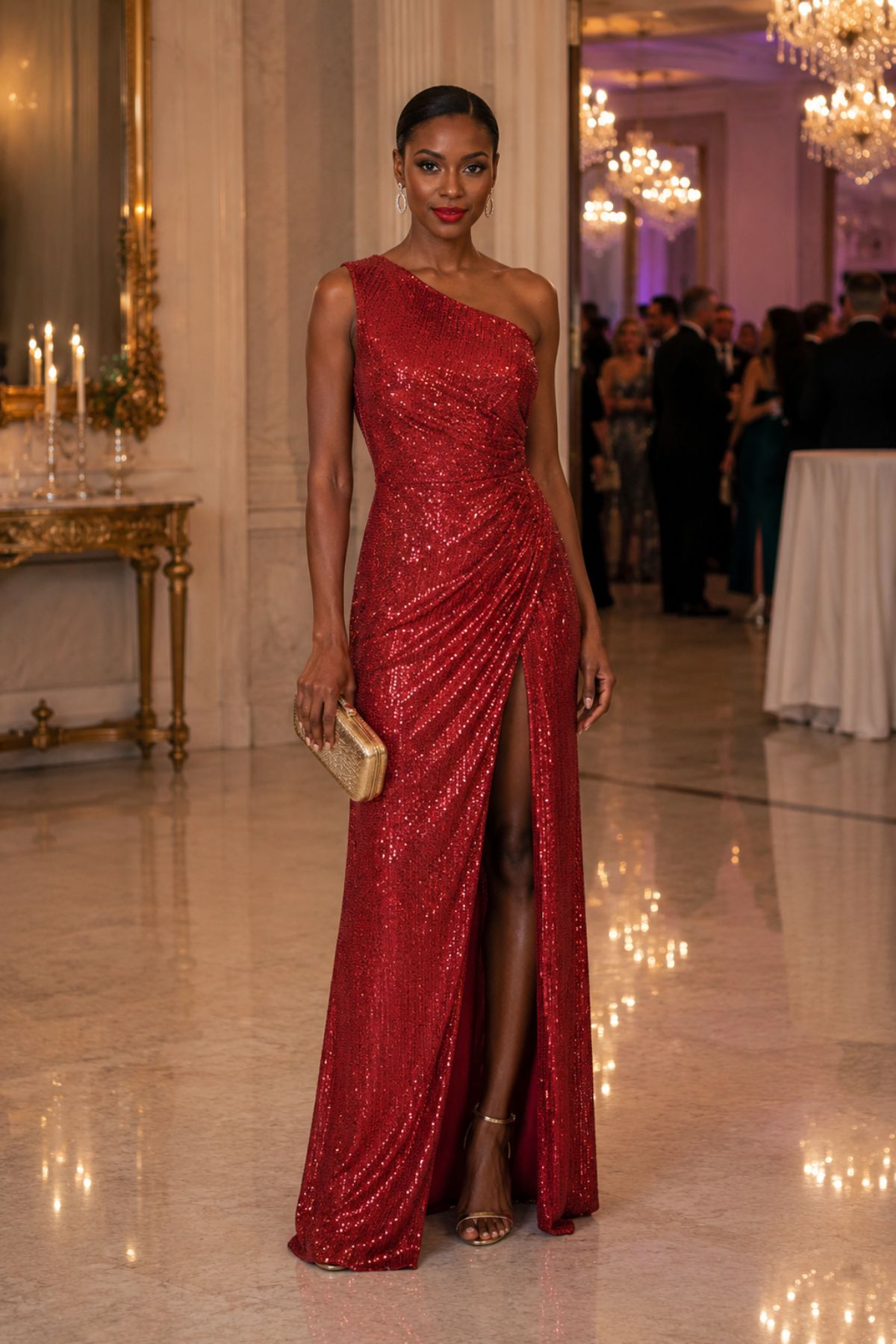 Vestido de festa longo, na cor vermelho, com decote de um ombro só, saia com fenda ousada. Esse modelo é perfeito para formandas e madrinhas.