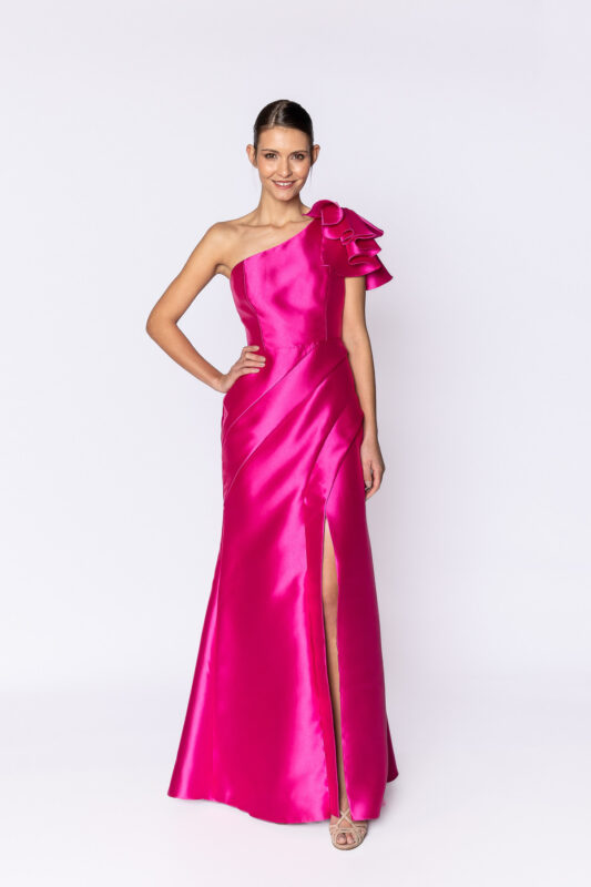Vestido de festa com fenda na cor rosa Fabi Fuentes