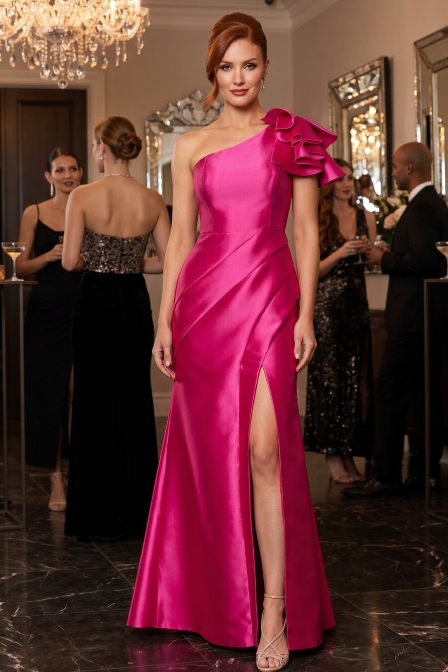 vestido de festa rosa, um ombro só, com flor no ombro e fenda