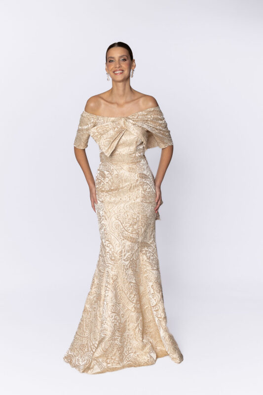 Vestido de festa em jacquard para mães dos noivos, modelo Victoria Regis