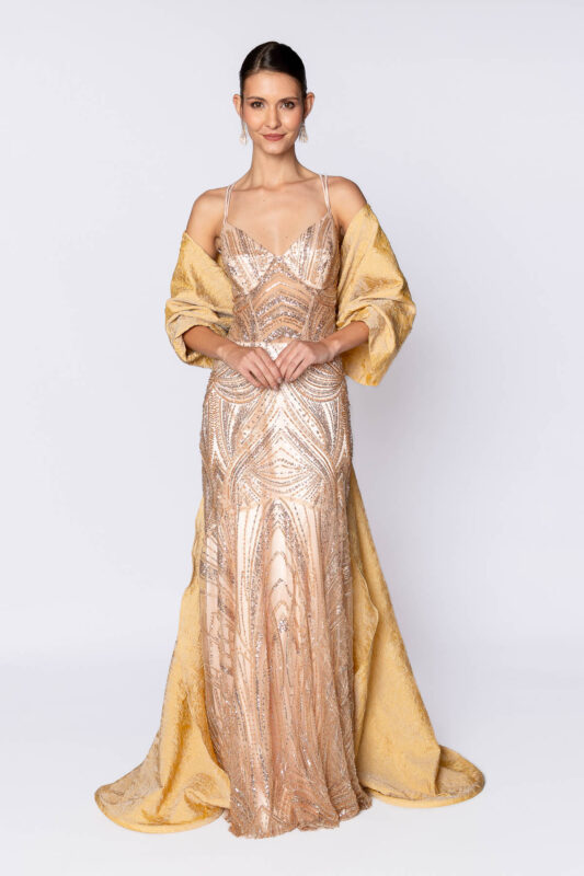 Vestido de festa bordado Zizi Bloch bordado a mão na cor dourado.