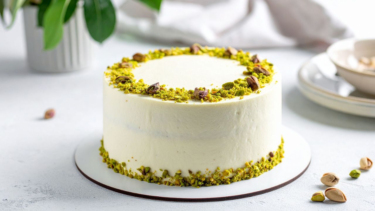 bolo redondo branco com cobertura de pistache