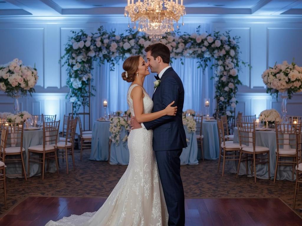 Noivos em casamento azul serenity