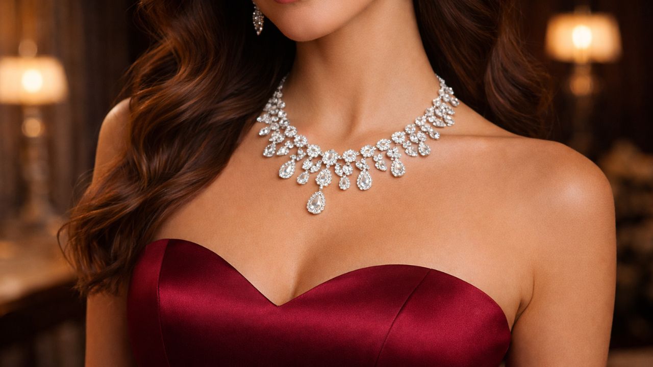 colo de mulher com vestido marsala com decote tomara que caia e maxi colar de pedrarias