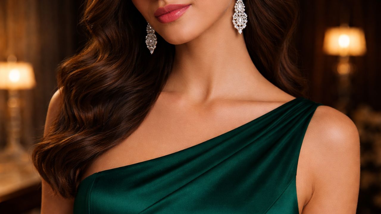 colo de mulher com vestido verde um ombro só sem colar e brincos chamativos