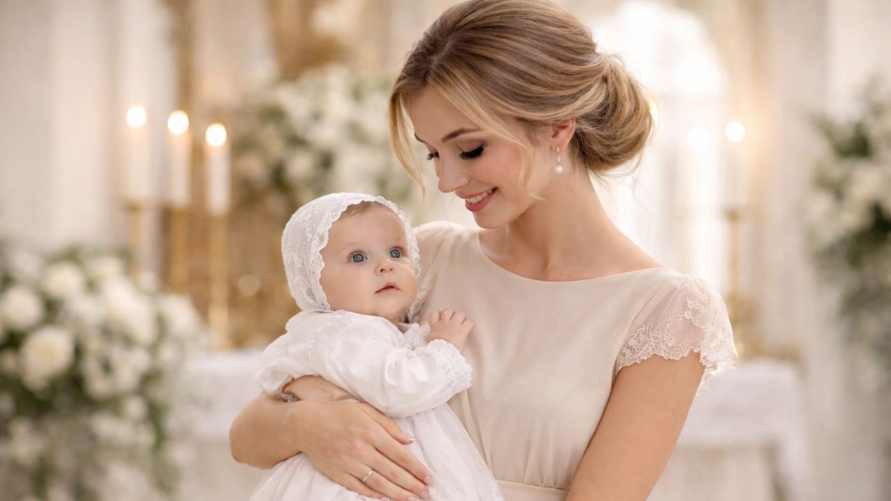 mãe com vestido bege com criança no coo no batizado