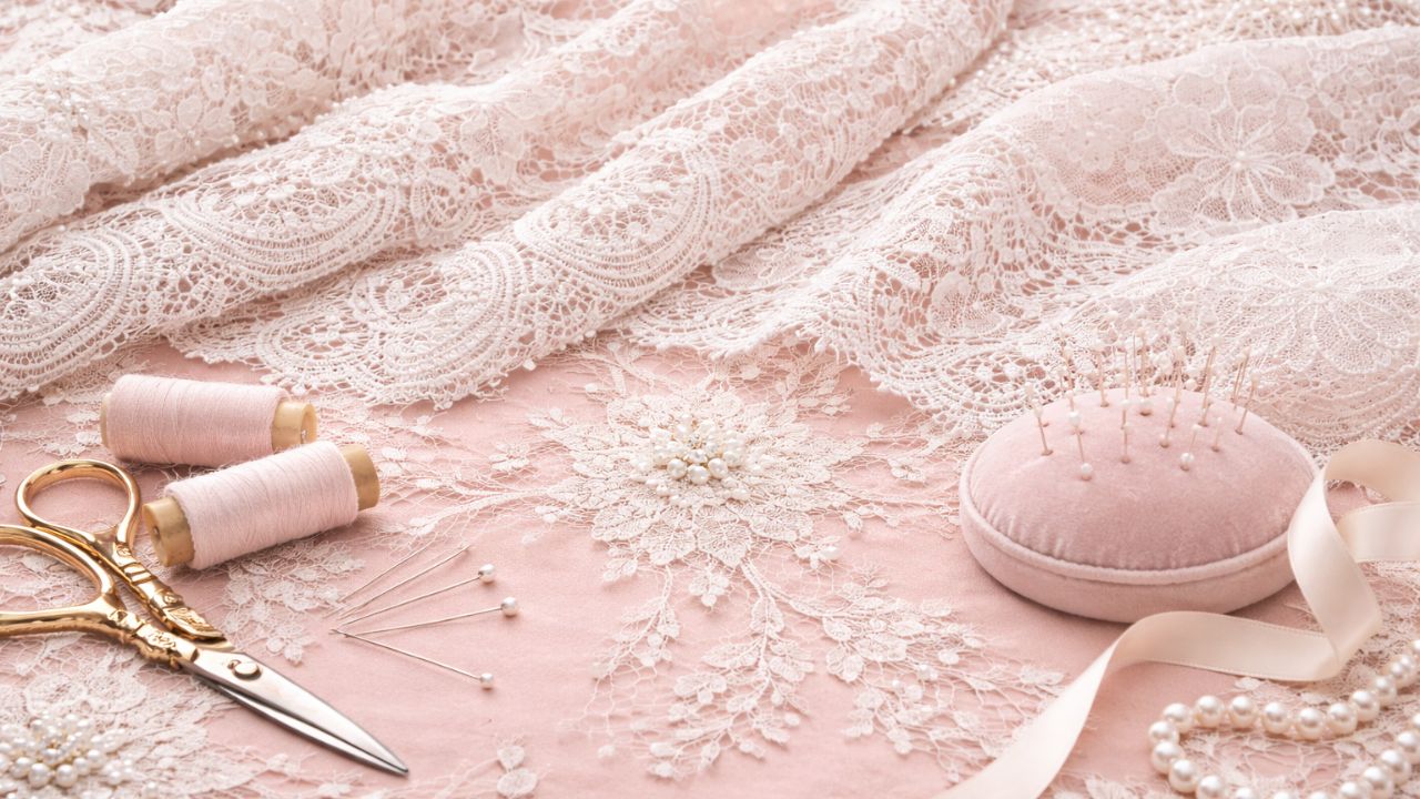 renda para vestido de noiva em um fundo rosa com tesoura e linhas