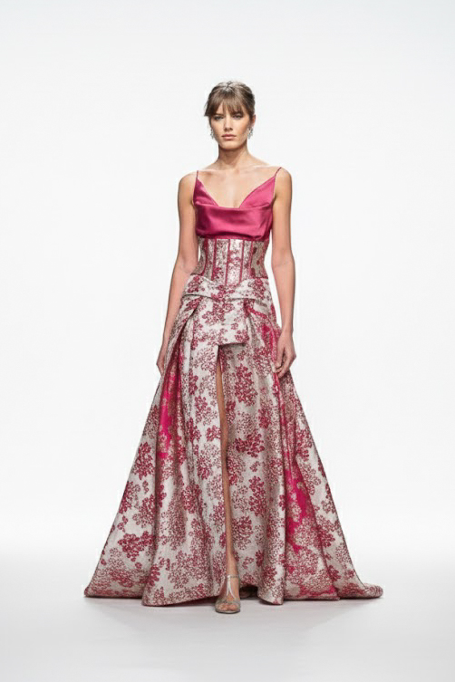 Vestido de festa longo em jacquard com decote costas de fora perfeito para formandas e black tie.