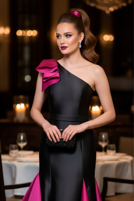 Vestido de festa longo bicolor perfeito para formaturas, modelo Athina Onasis