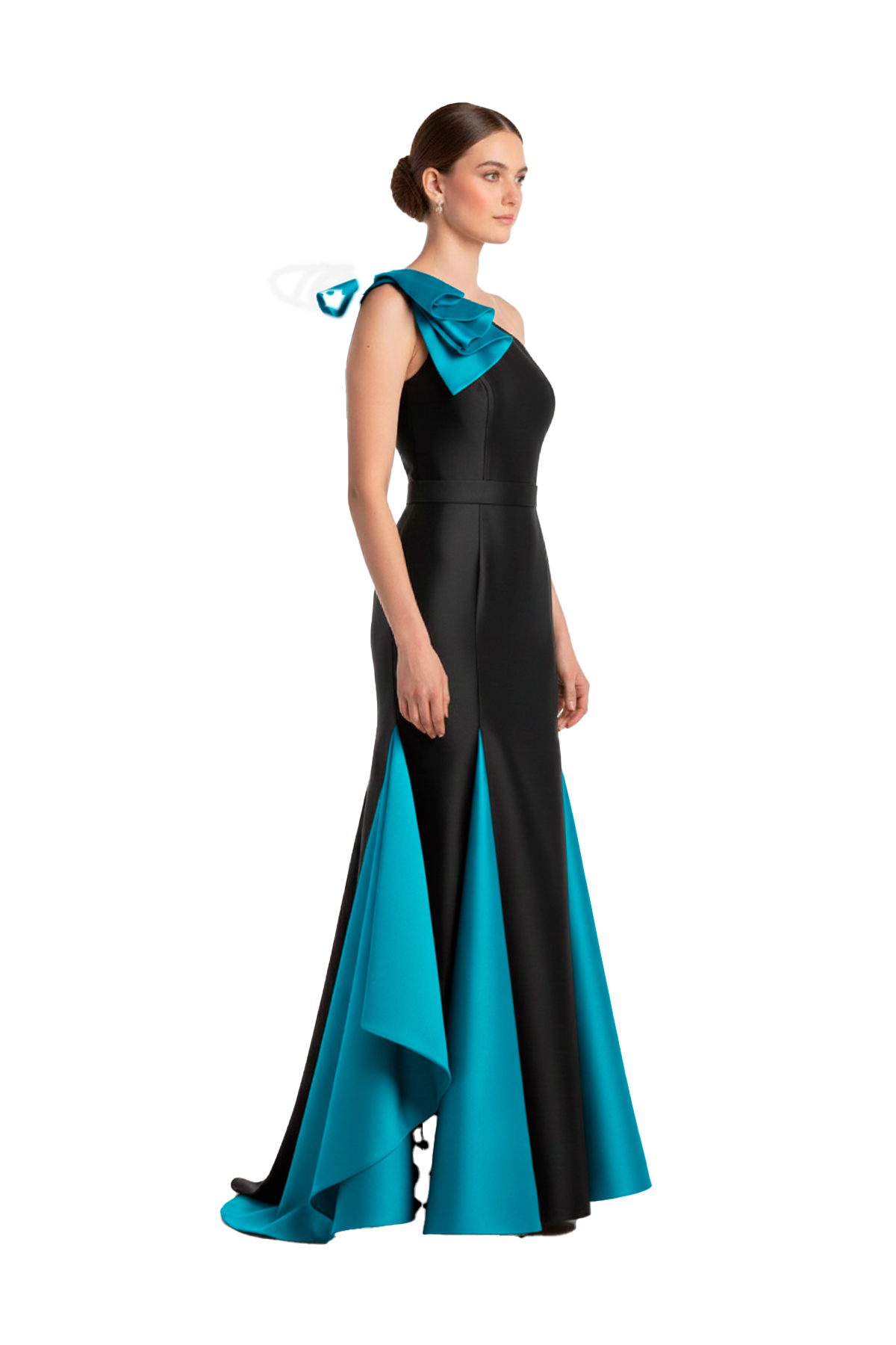 Vestido de festa bicolor com detalhes em azul perfeito para bailes e festas de casamento