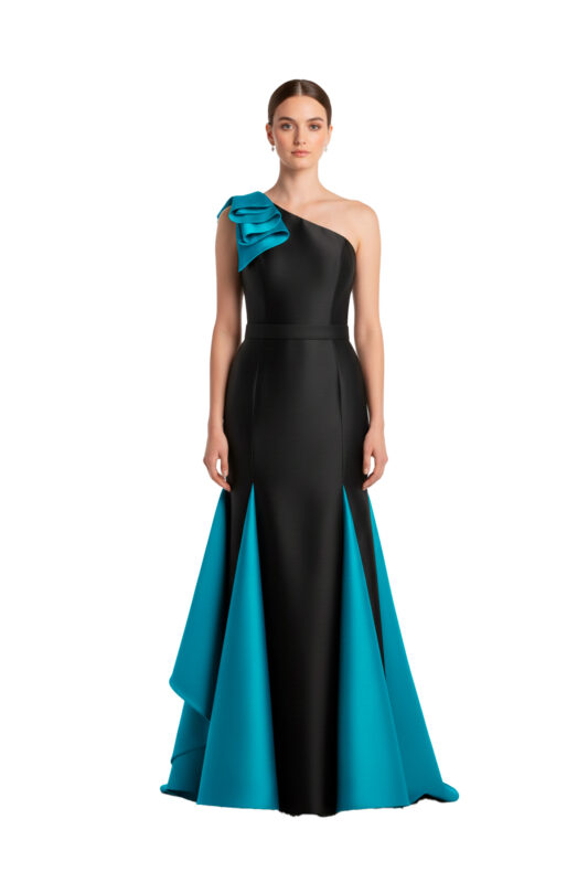 vestido de festa longo bicolor com laço no decote de um ombro só , perfeitio para arrasar nos melhores bailes e festas de casamento.