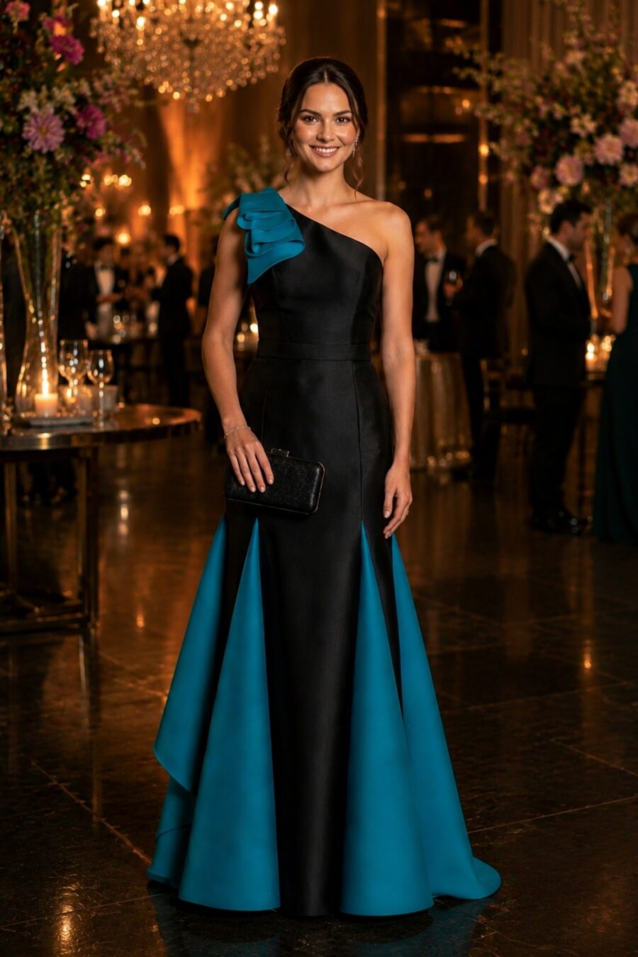 vestido de festa longo bicolor com laço no decote de um ombro só , perfeitio para arrasar nos melhores bailes e festas de casamento.