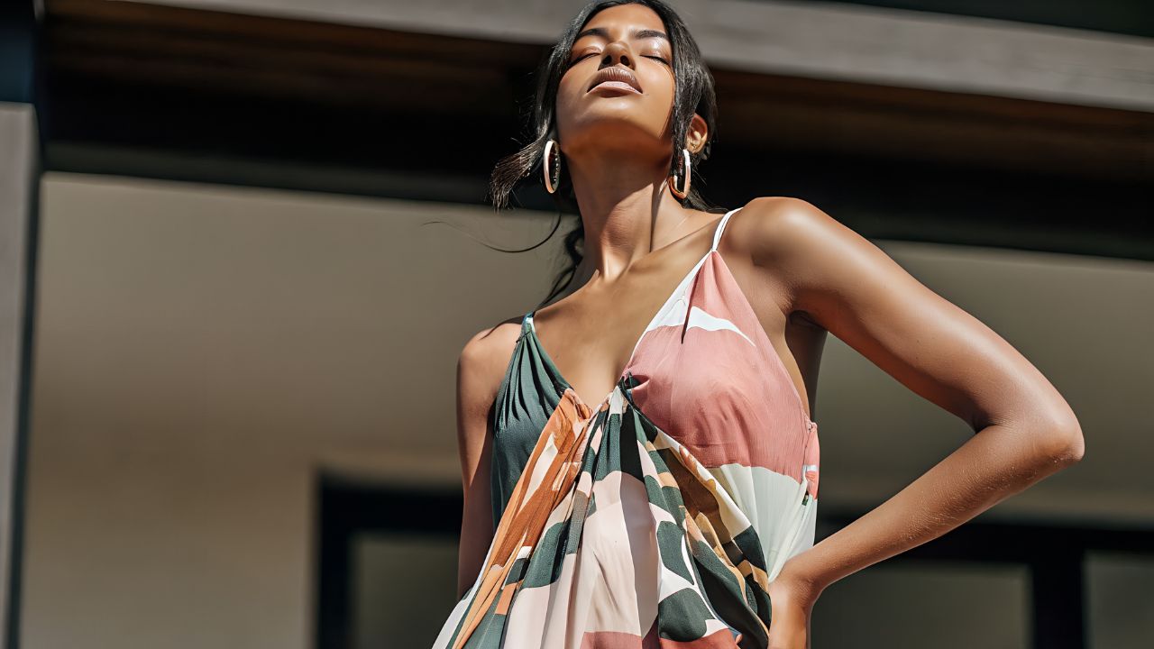 mulher com vestido de festa estampado laranja rosa e verde