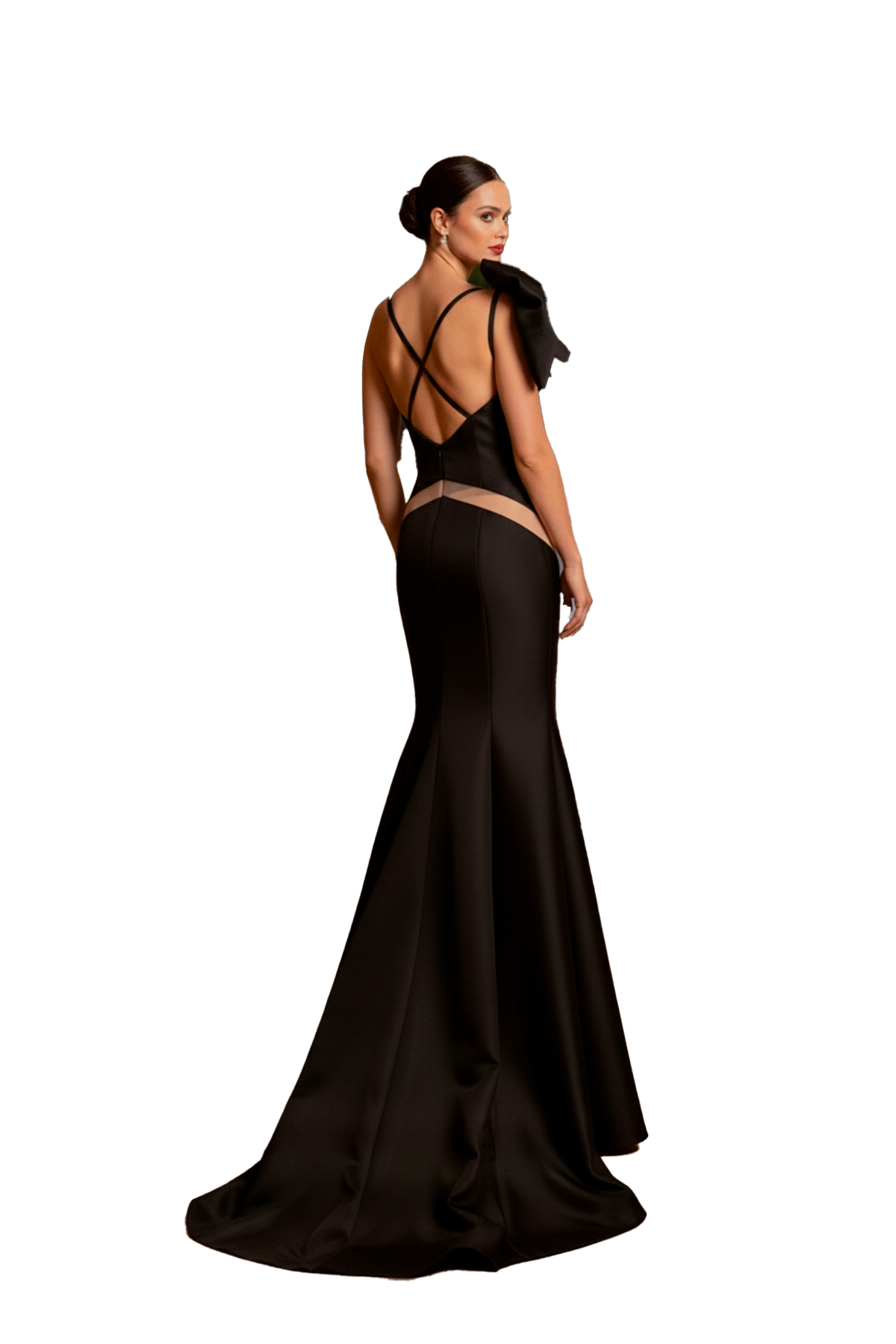 Costas do vestido de festa decotado na cor preto shanghai para formaturas e convidada de casamento.