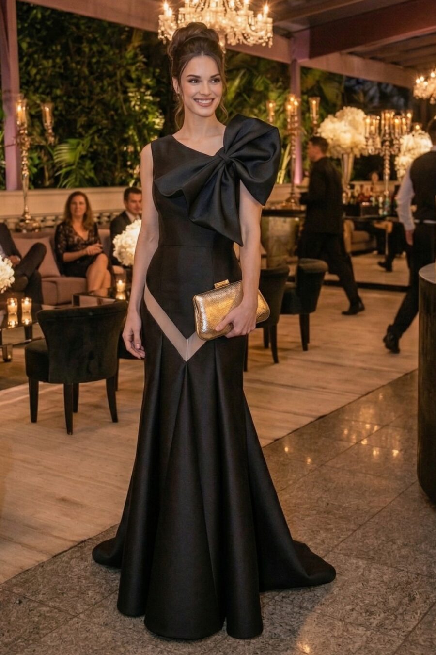 Vestido de festa na cor preto com maxi laço para você arrasar nos bailes de formatura, casamentos e black tie.