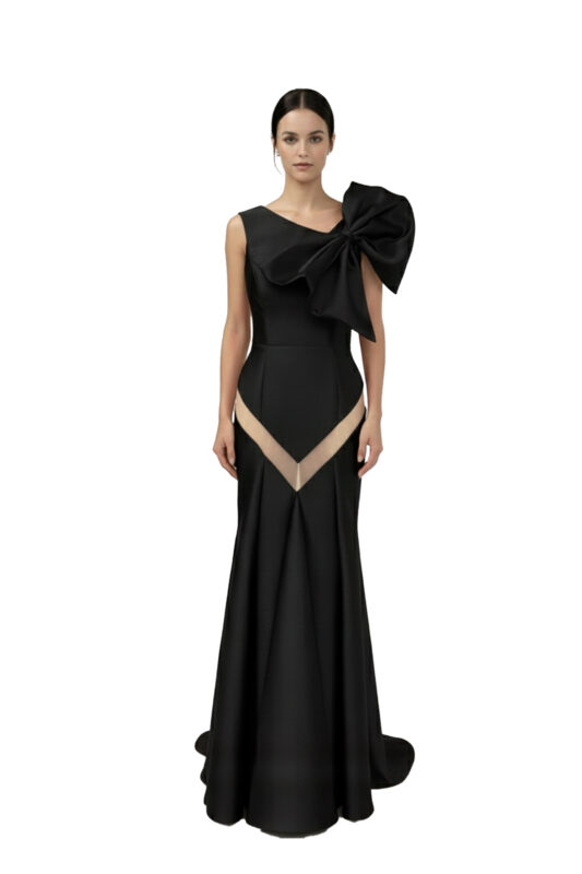 Vestido de festa na cor preto com maxi laço para você arrasar nos bailes de formatura, casamentos e black tie.