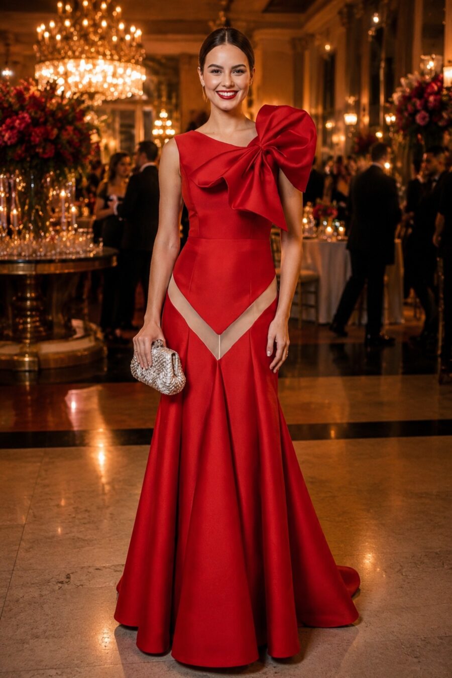 vestido de festa longo com maxi laço na cor vermelho, perfeito para bailes de formatura.