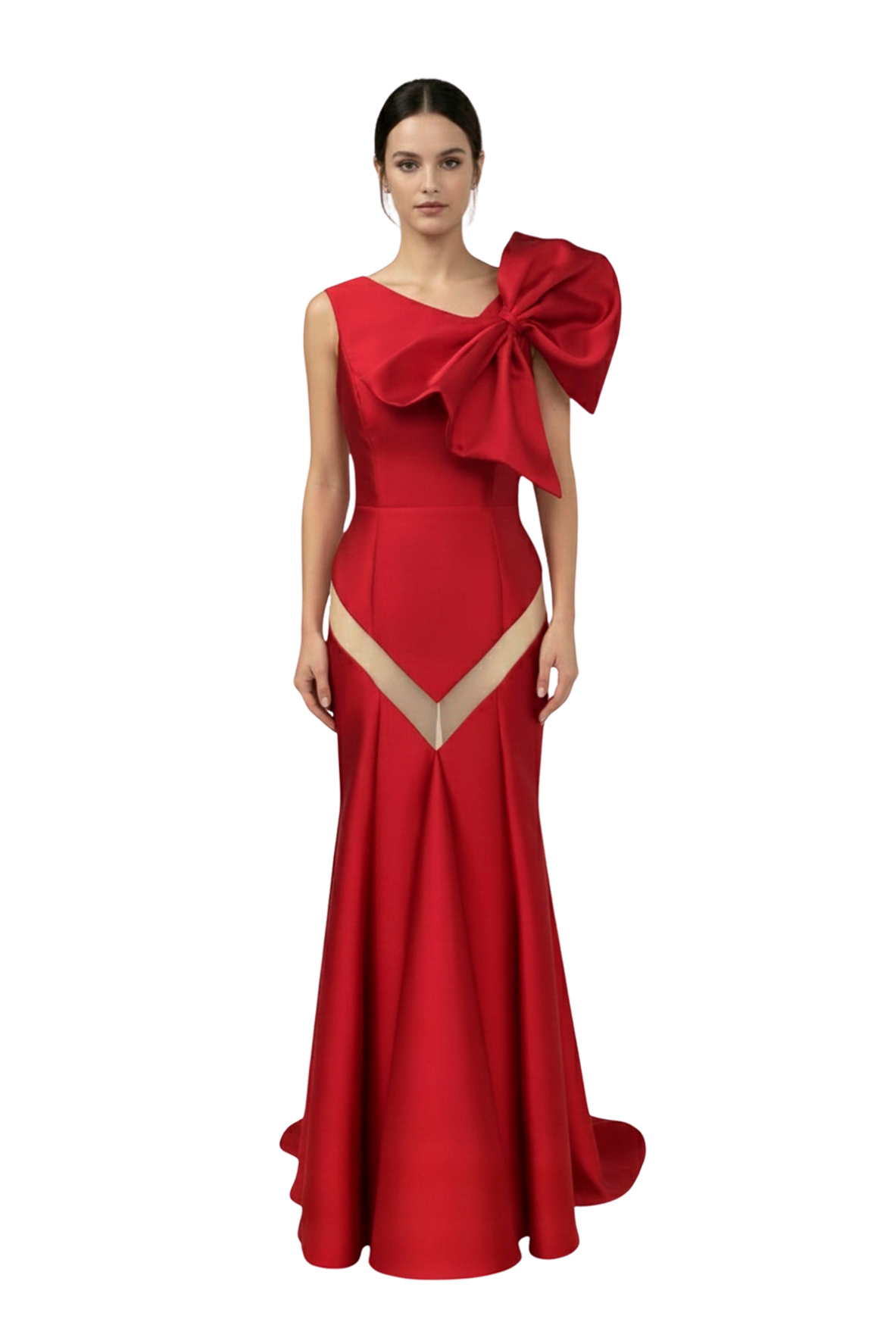 vestido de festa longo com maxi laço na cor vermelho, perfeito para bailes de formatura.