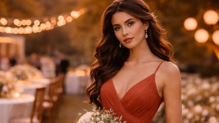 madrinha com vestido terracota com buquê na mão em um casamento ao ar livre