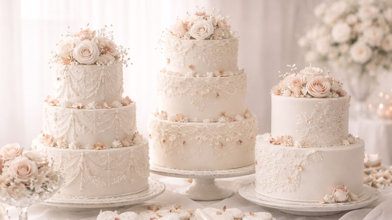 três bolos de casamento na cor pantone 2026