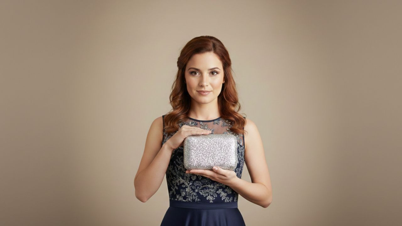 madrinha de casamento ruiva com vestido azul com bordados segurando clutch prata