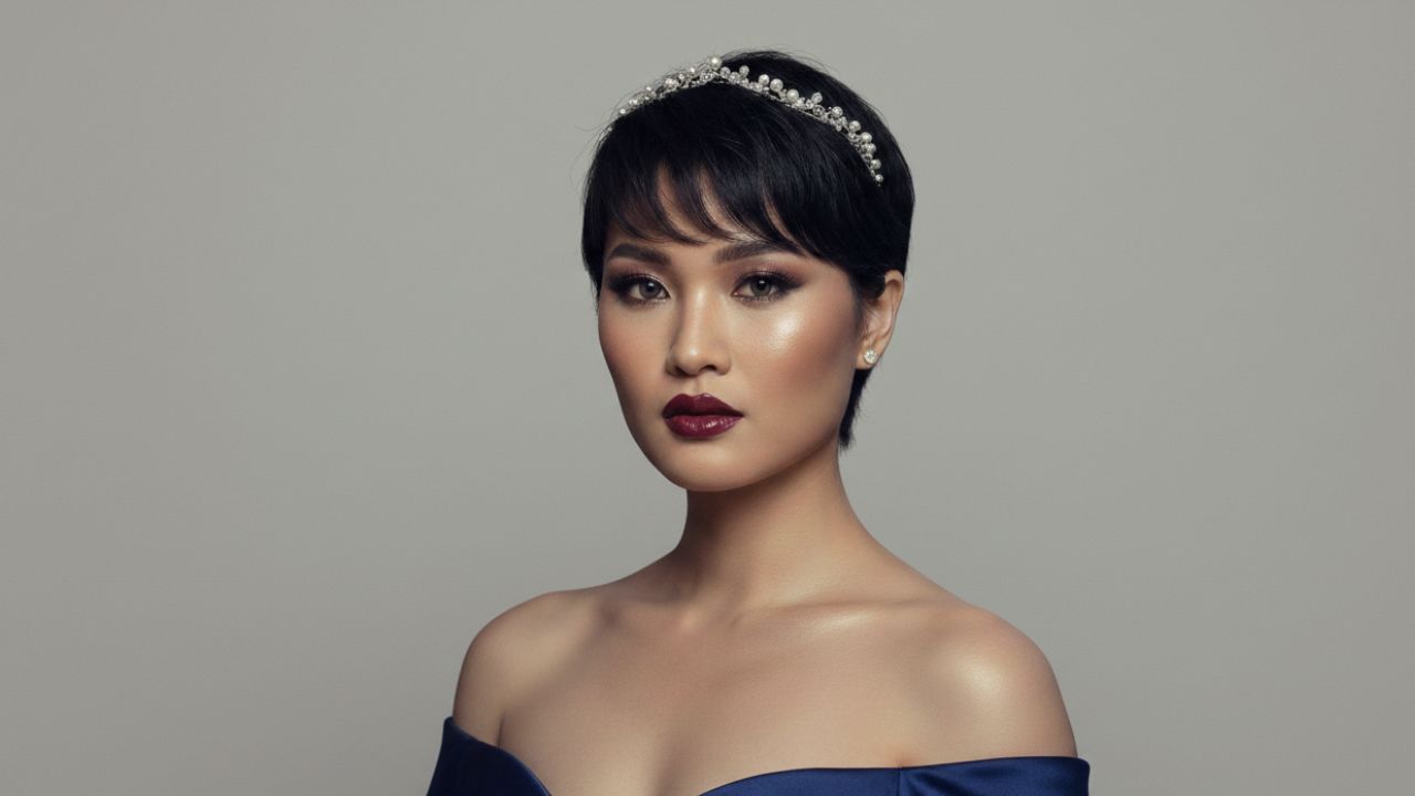madrinha de casamento com corte pixie, tiara e vestido azul