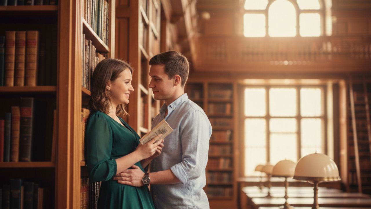 ensaio de casal na biblioteca, noiva com vestido verde com livro na mão e sorrindo e noivo com camisa de linho na frente dela