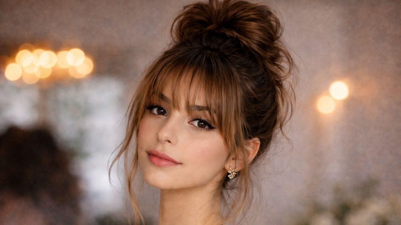mulher com cabelo castanho, franja desfiada e coque alto desestruturado