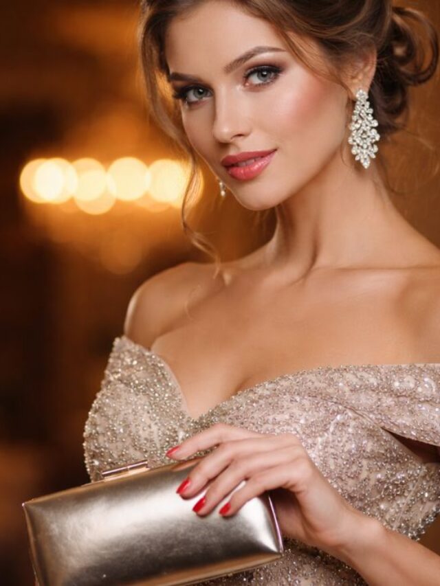 mulher usando clutch metalizada com vestido ombro a ombro