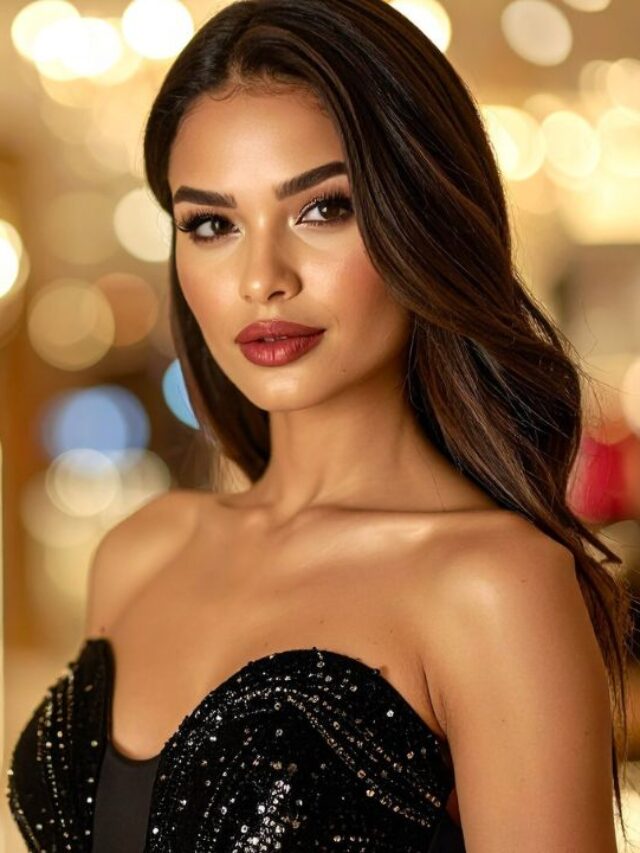 mulher com vestido de festa para casamento a noite preto tomara que caia com batom vermelho e cabelo solto