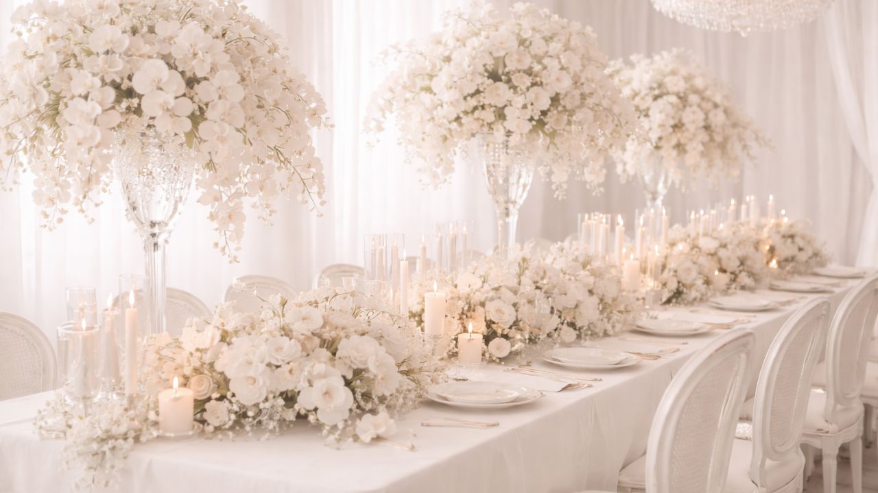 decoração de casamento com a cor pantone 2-026, um branco