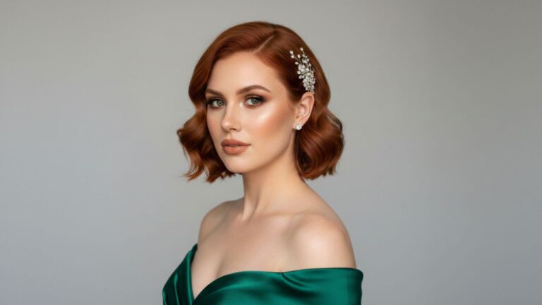 madrinha com penteado para cabelo curto ruiva e vestido verde ombro a ombro