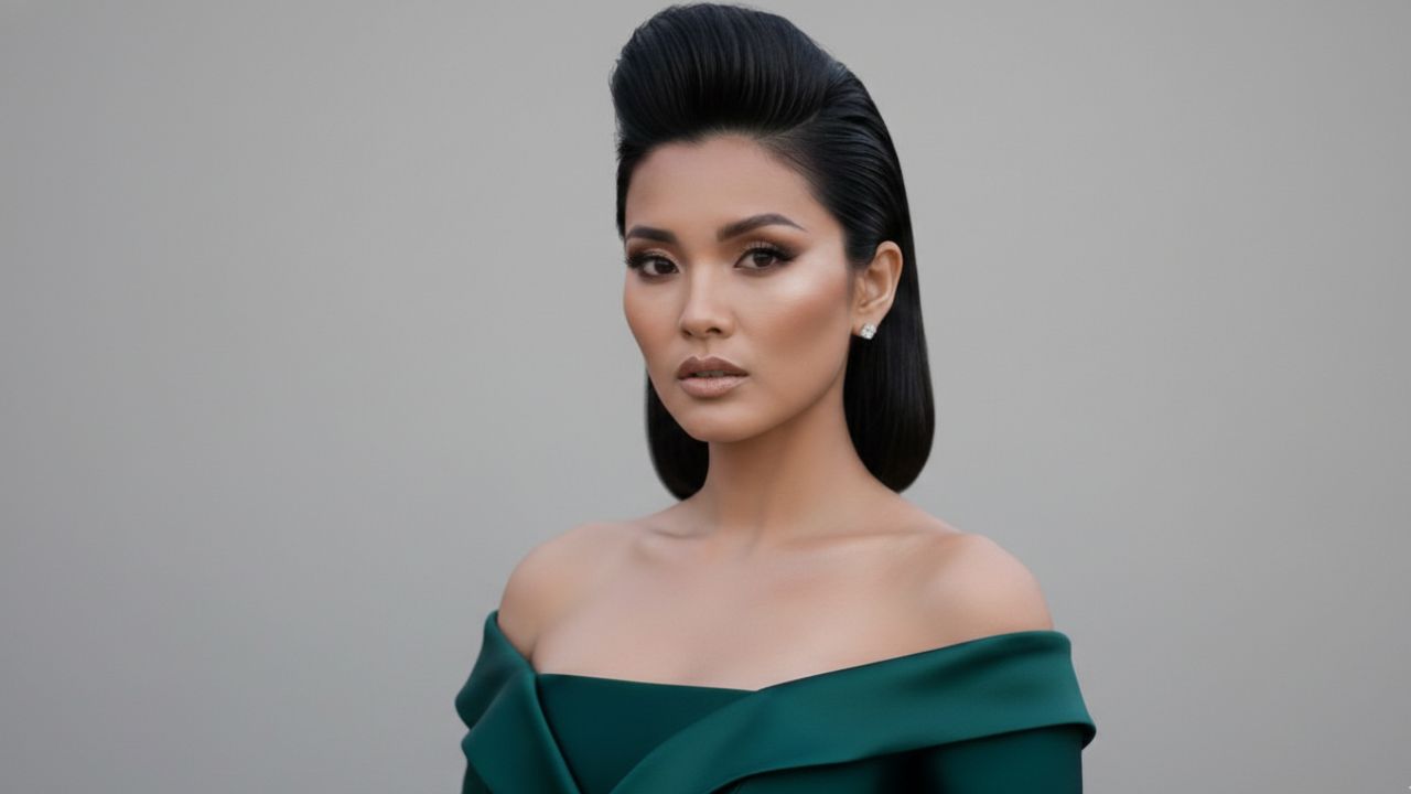 madrinha com topete alto, cabelo curto e vestido verde