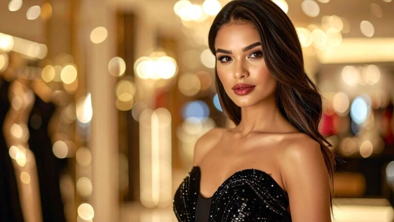 mulher com vestido de festa para casamento a noite preto tomara que caia com batom vermelho e cabelo solto